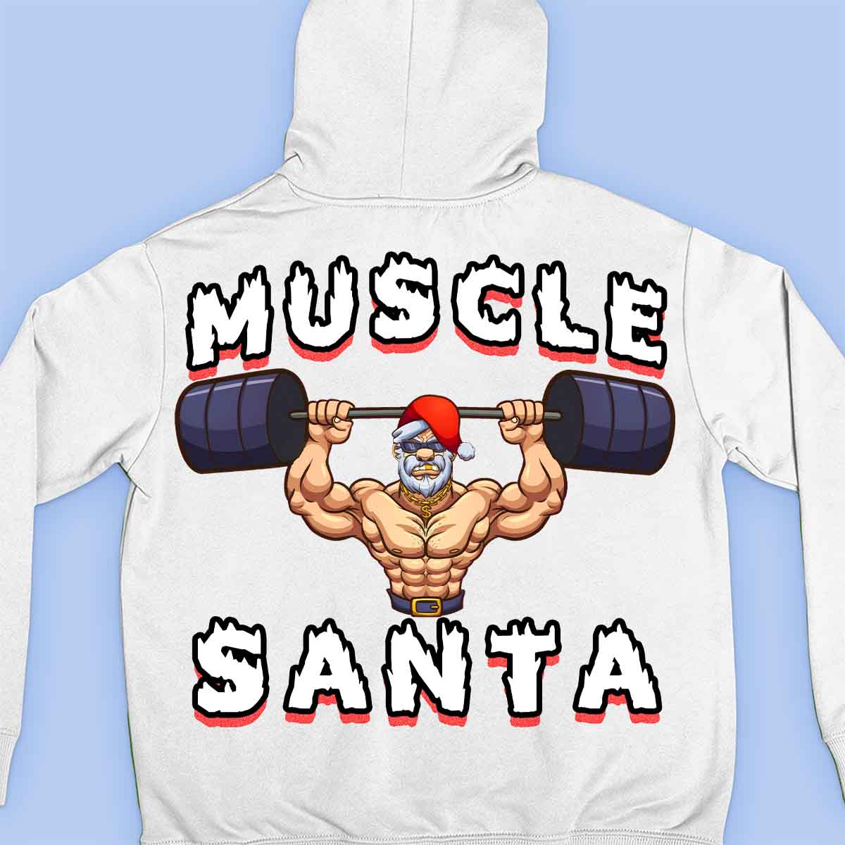 Muscle Santa - Sudadera con capucha premium unisex con estampado en la espalda